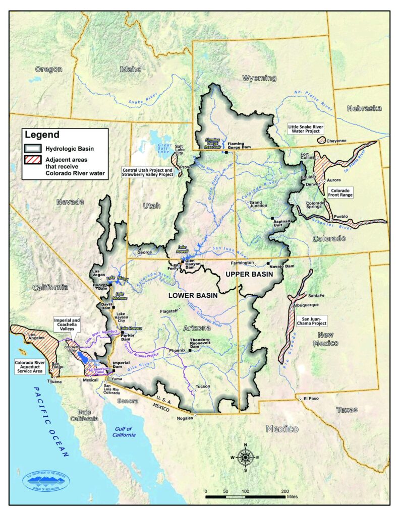 Map of the hydrologic basin of the Colorado River, encompassing portions of Wyoming, Utah, Colorado, Nevada, New Mexico, Arizona, and California.