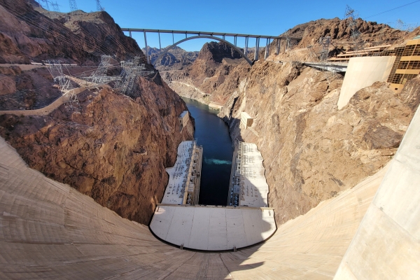 View from the top of Hoover Dam towards the Colorado River below.